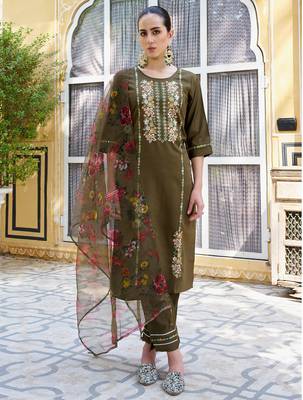 Floral embroidered viscose rayon round neck kurta trouser & dupatta 1