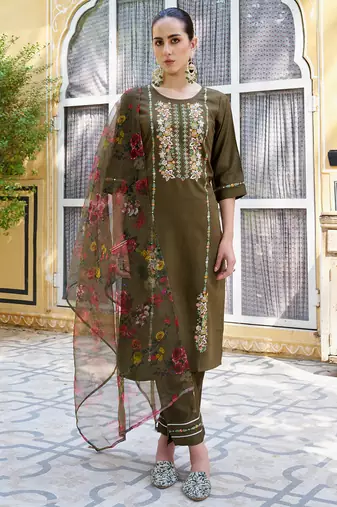 Floral embroidered viscose rayon round neck kurta trouser & dupatta