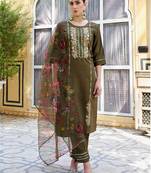 Floral embroidered viscose rayon round neck kurta trouser & dupatta
