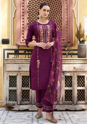 Floral embroidered viscose rayon round neck kurta trouser & dupatta 1