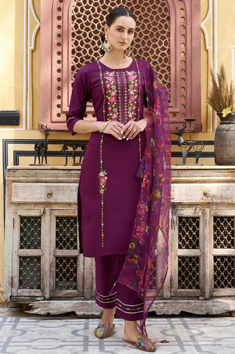 Floral embroidered viscose rayon round neck kurta trouser & dupatta