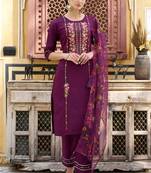 Floral embroidered viscose rayon round neck kurta trouser & dupatta