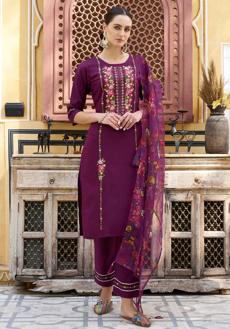 Floral embroidered viscose rayon round neck kurta trouser & dupatta