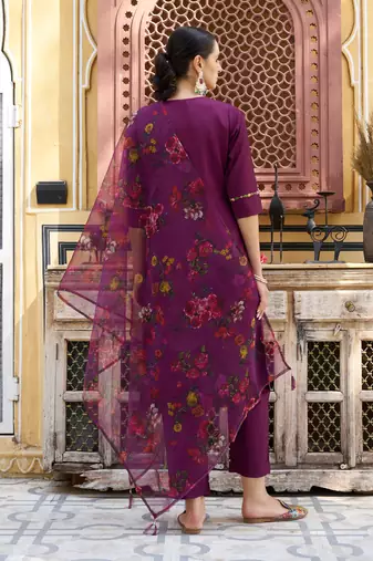 Floral embroidered viscose rayon round neck kurta trouser & dupatta