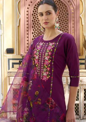 Floral embroidered viscose rayon round neck kurta trouser & dupatta 3