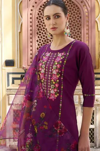 Floral embroidered viscose rayon round neck kurta trouser & dupatta