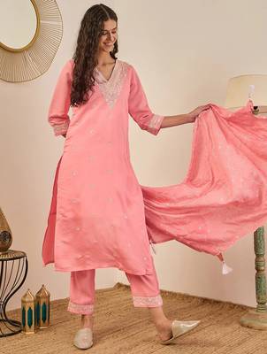 Floral embroidered cotton silk v neck kurta trouser & dupatta 1