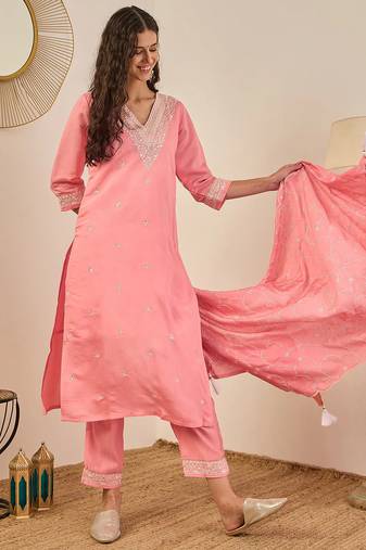 Floral embroidered cotton silk v neck kurta trouser & dupatta