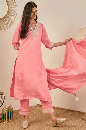 Floral embroidered cotton silk v neck kurta trouser & dupatta