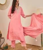 Floral embroidered cotton silk v neck kurta trouser & dupatta