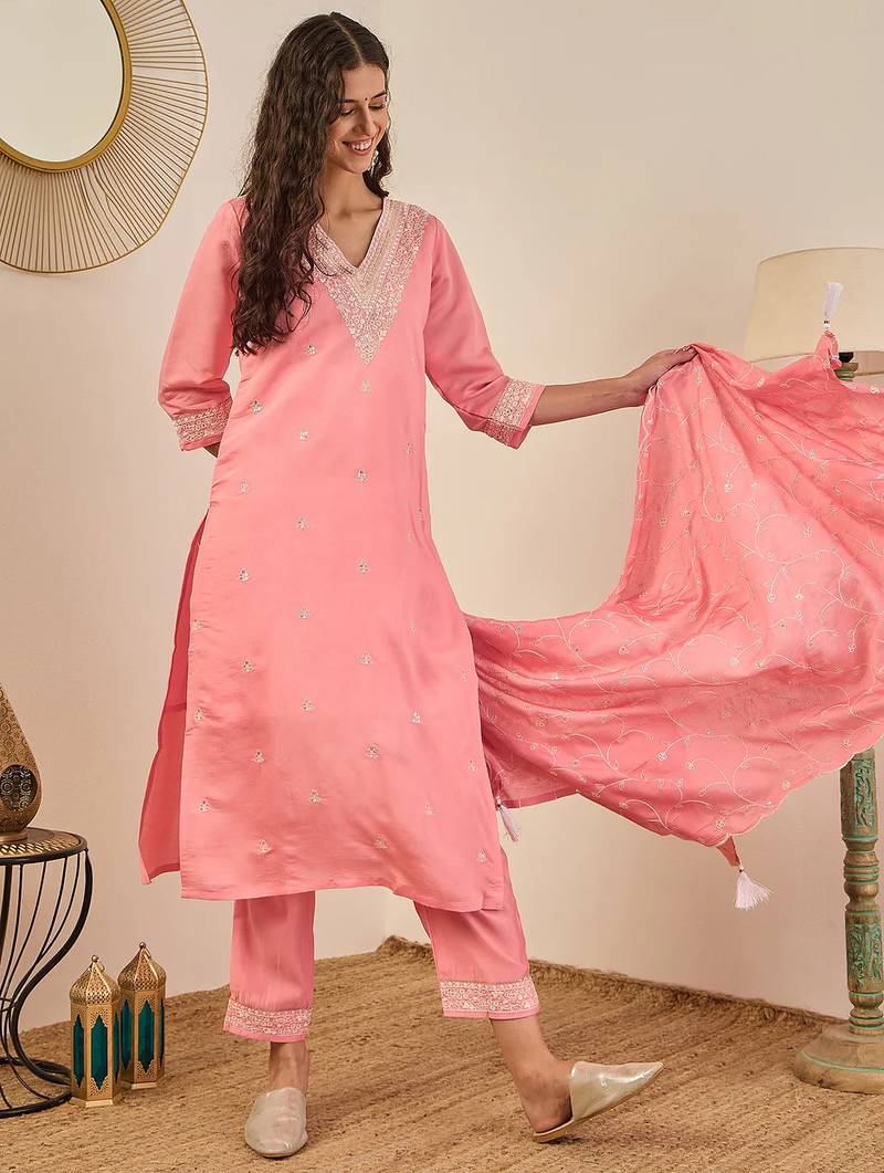 Floral embroidered cotton silk v neck kurta trouser & dupatta