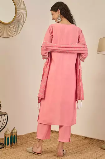 Floral embroidered cotton silk v neck kurta trouser & dupatta