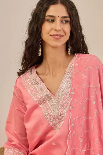 Floral embroidered cotton silk v neck kurta trouser & dupatta