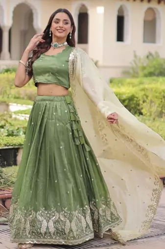 Gold Crush Lehenga Choli Dupatta Set for Women – Sequins & Zari Embroidered Party Wear