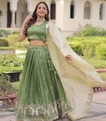 Gold Crush Lehenga Choli Dupatta Set for Women – Sequins & Zari Embroidered Party Wear