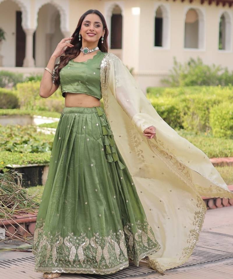 Gold Crush Lehenga Choli Dupatta Set for Women – Sequins & Zari Embroidered Party Wear