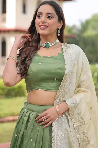 Gold Crush Lehenga Choli Dupatta Set for Women – Sequins & Zari Embroidered Party Wear