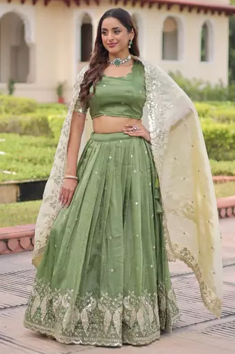 Gold Crush Lehenga Choli Dupatta Set for Women – Sequins & Zari Embroidered Party Wear