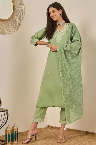 Floral embroidered cotton silk v neck kurta trouser & dupatta