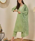Floral embroidered cotton silk v neck kurta trouser & dupatta