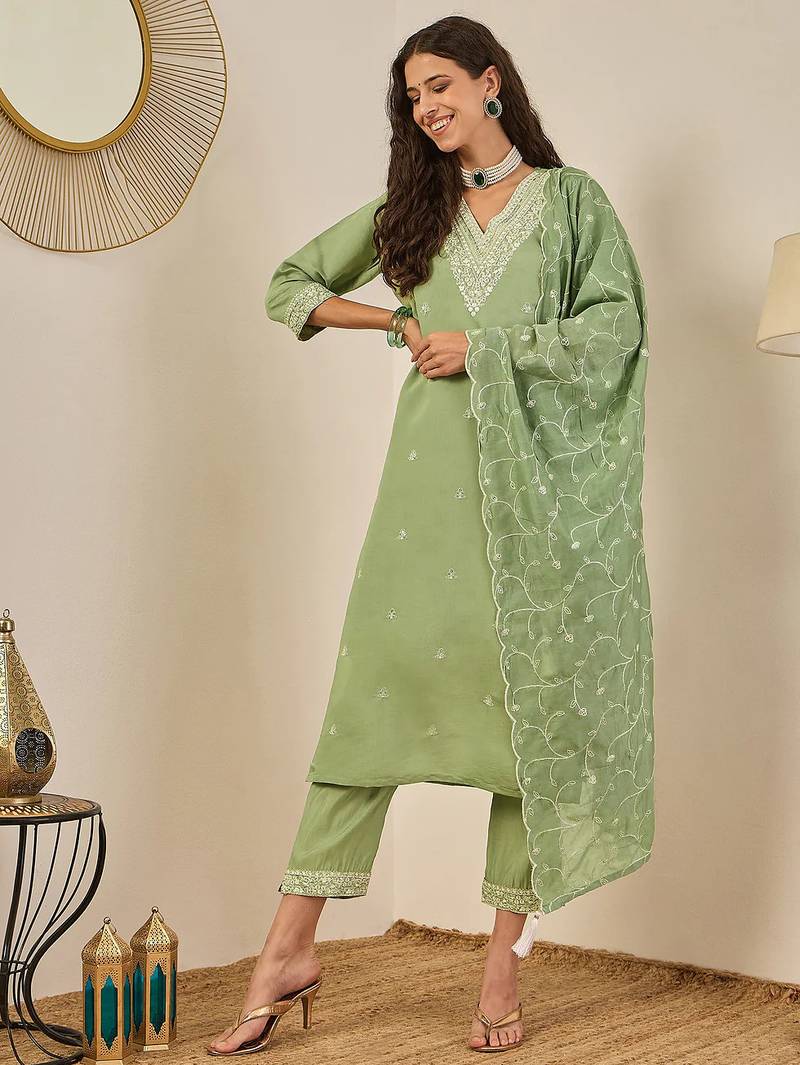 Floral embroidered cotton silk v neck kurta trouser & dupatta