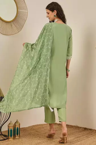 Floral embroidered cotton silk v neck kurta trouser & dupatta
