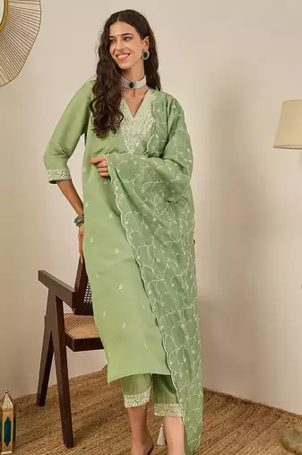 Floral embroidered cotton silk v neck kurta trouser & dupatta