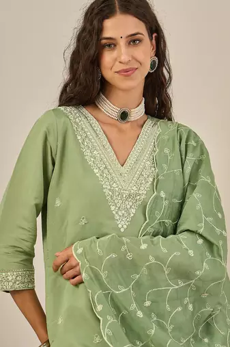 Floral embroidered cotton silk v neck kurta trouser & dupatta