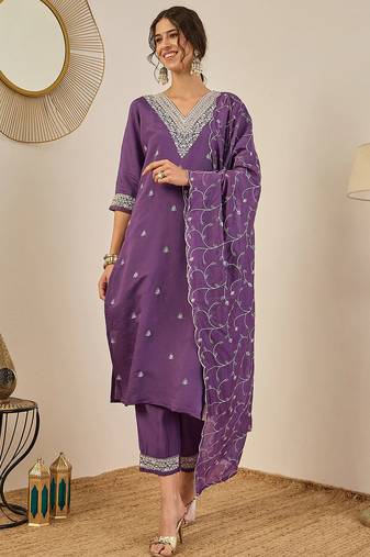 Floral embroidered cotton silk v neck kurta trouser & dupatta