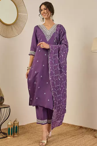 Floral embroidered cotton silk v neck kurta trouser & dupatta