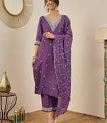 Floral embroidered cotton silk v neck kurta trouser & dupatta