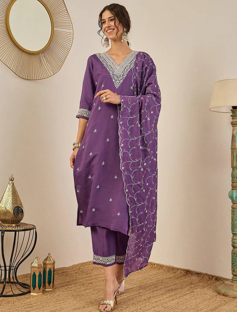 Floral embroidered cotton silk v neck kurta trouser & dupatta