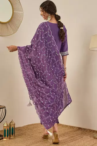 Floral embroidered cotton silk v neck kurta trouser & dupatta