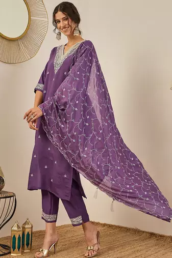 Floral embroidered cotton silk v neck kurta trouser & dupatta