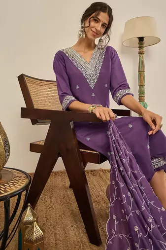 Floral embroidered cotton silk v neck kurta trouser & dupatta