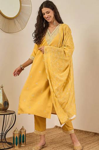 Floral embroidered cotton silk v neck kurta trouser & dupatta