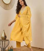 Floral embroidered cotton silk v neck kurta trouser & dupatta