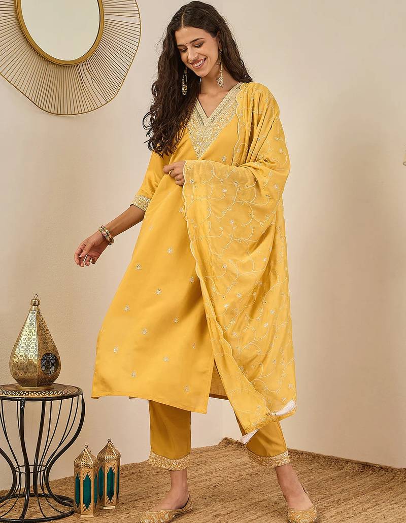 Floral embroidered cotton silk v neck kurta trouser & dupatta
