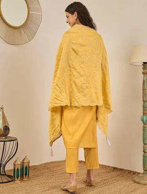 Floral embroidered cotton silk v neck kurta trouser & dupatta 2