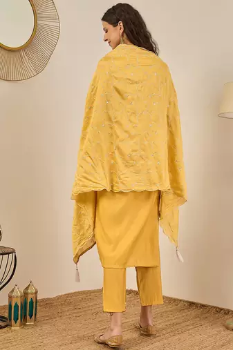 Floral embroidered cotton silk v neck kurta trouser & dupatta