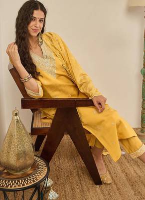 Floral embroidered cotton silk v neck kurta trouser & dupatta 3