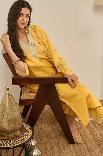 Floral embroidered cotton silk v neck kurta trouser & dupatta
