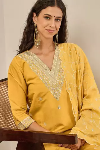 Floral embroidered cotton silk v neck kurta trouser & dupatta