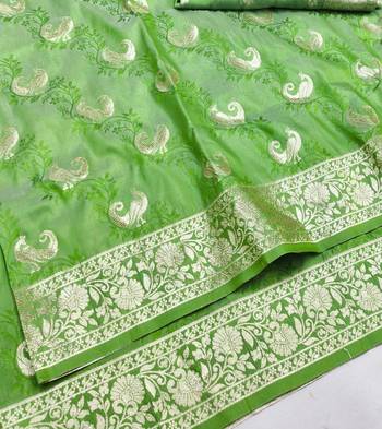Light green zari woven silk blend saree with blouse piece 3