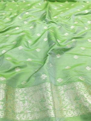 Light green zari woven silk blend saree with blouse piece 4