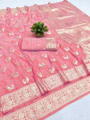 Pink zari woven silk blend saree with blouse piece 1
