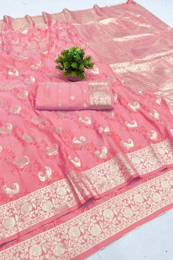 Pink zari woven banarasi silk blend saree with blouse piece