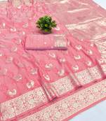 Pink zari woven banarasi silk blend saree with blouse piece