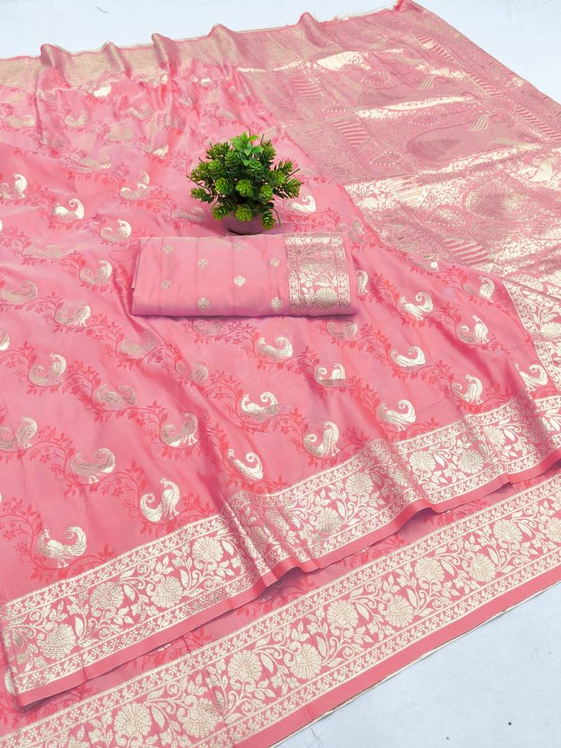 Pink zari woven banarasi silk blend saree with blouse piece