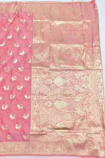 Pink zari woven silk blend saree with blouse piece